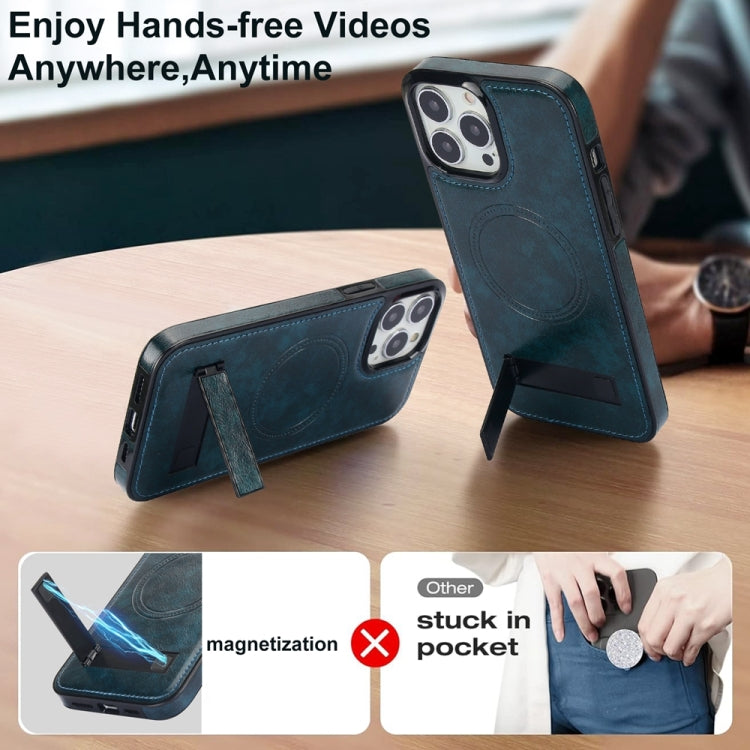 For iPhone 12 Pro Max Retro Leather Invisible Stand MagSafe Phone Case(Blue) - iPhone 12 Pro Max Cases by buy2fix | Online Shopping UK | buy2fix