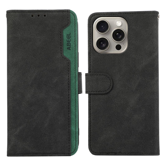 For iPhone 16 Pro Max ABEEL Color Block Magnetic RFID Leather Phone Case(Black-Green) - iPhone 16 Pro Max Cases by buy2fix | Online Shopping UK | buy2fix