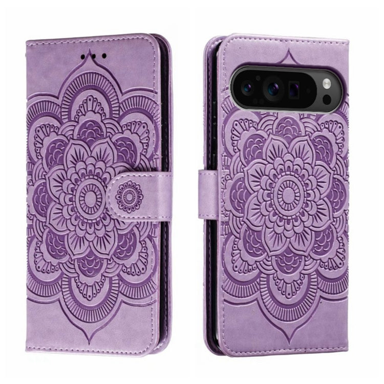 For Google Pixel 9 Pro Sun Mandala Embossing Pattern Phone Leather Case(Purple) - Google Cases by buy2fix | Online Shopping UK | buy2fix