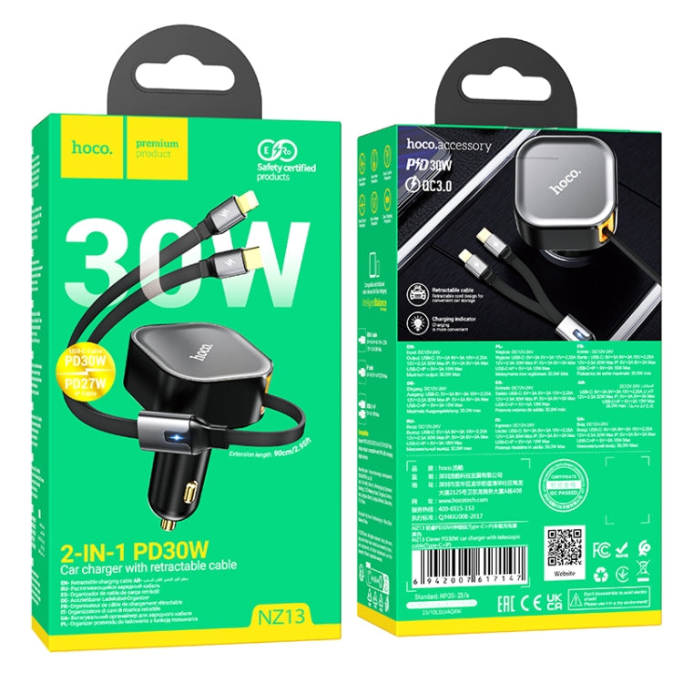hoco NZ13 Clever PD30W Car Charger with Type-C + 8 Pin Telescopic Cable(Black) - Car Charger by hoco | Online Shopping UK | buy2fix