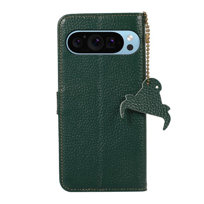 For Google Pixel 9 Genuine Leather Litchi Texture RFID Leather Phone Case(Green) - Google Cases by buy2fix | Online Shopping UK | buy2fix