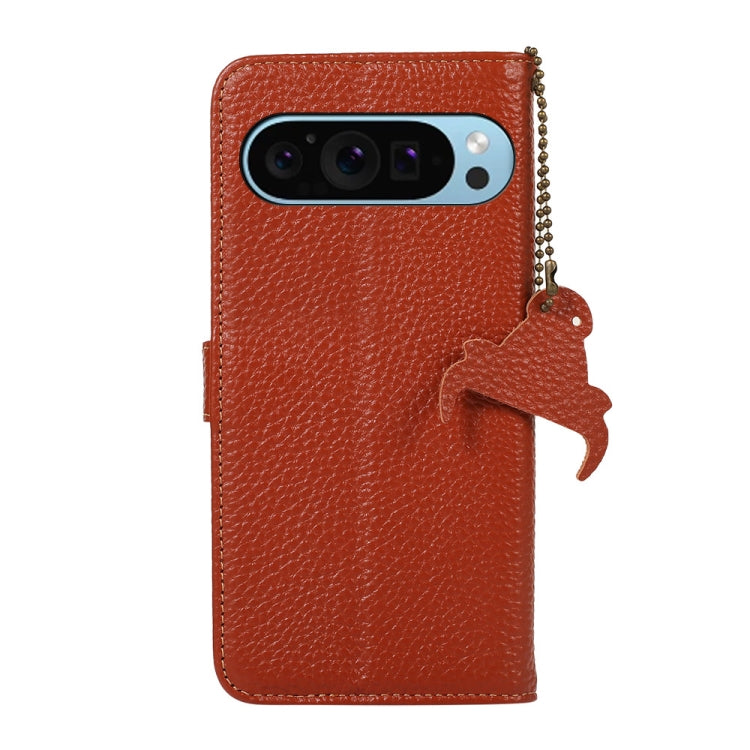 For Google Pixel 9 Genuine Leather Litchi Texture RFID Leather Phone Case(Coffee) - Google Cases by buy2fix | Online Shopping UK | buy2fix