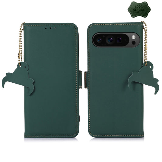 For Google Pixel 9 Pro Genuine Leather Magnetic RFID Leather Phone Case(Green) - Google Cases by buy2fix | Online Shopping UK | buy2fix