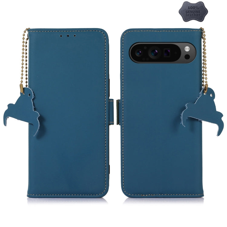 For Google Pixel 9 Genuine Leather Magnetic RFID Leather Phone Case(Blue) - Google Cases by buy2fix | Online Shopping UK | buy2fix