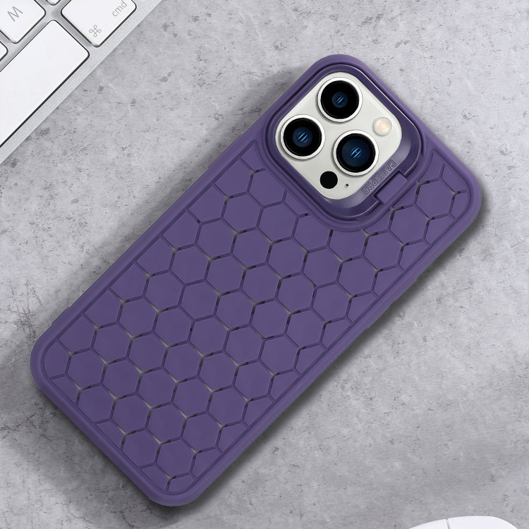 For iPhone 16 Pro Honeycomb Radiating Holder TPU Phone Case with Lanyard(Purple) - iPhone 16 Pro Cases by buy2fix | Online Shopping UK | buy2fix