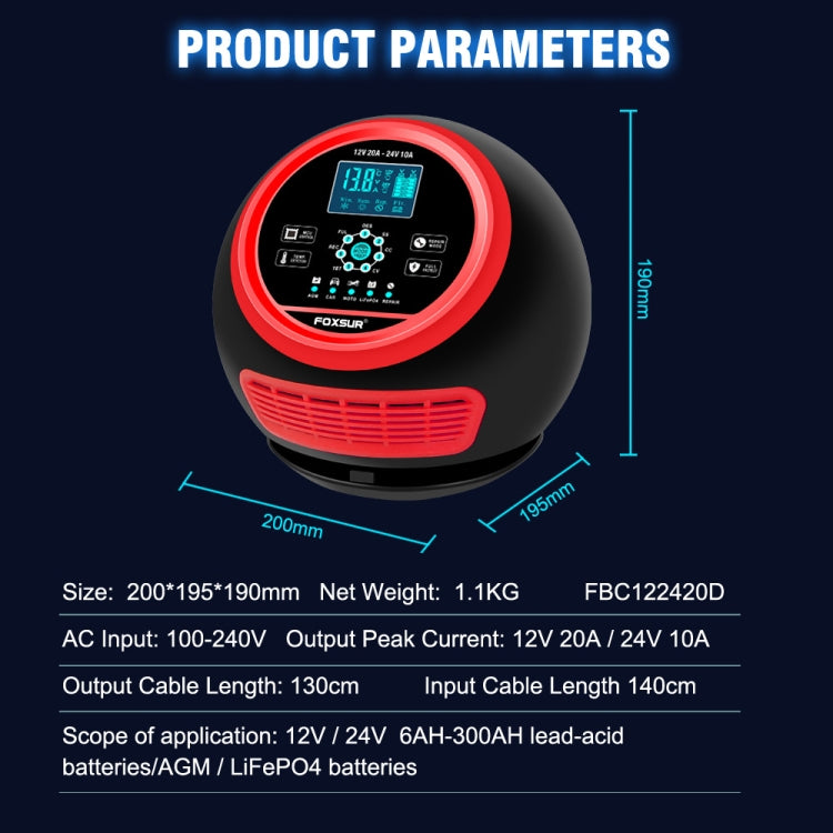 FOXSUR 20A 12V 24V Car / Motorcycle Smart Battery Charger, Plug Type:US Plug(Red) - Battery Charger by FOXSUR | Online Shopping UK | buy2fix