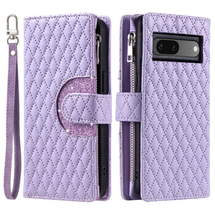 For Google Pixel 7 5G Glitter Lattice Zipper Wallet Leather Phone Case(Purple) - Google Cases by buy2fix | Online Shopping UK | buy2fix