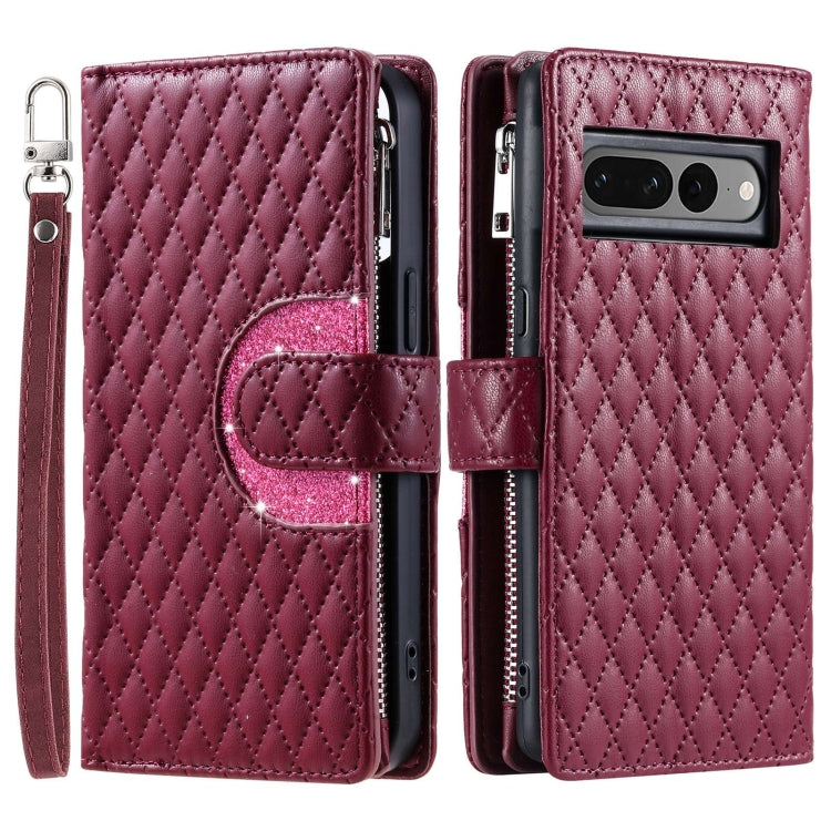 For Google Pixel 7 Pro 5G Glitter Lattice Zipper Wallet Leather Phone Case(Wine Red) - Google Cases by buy2fix | Online Shopping UK | buy2fix