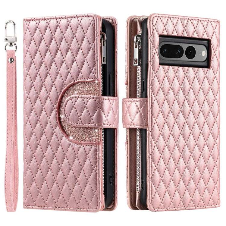 For Google Pixel 7 Pro 5G Glitter Lattice Zipper Wallet Leather Phone Case(Rose Gold) - Google Cases by buy2fix | Online Shopping UK | buy2fix