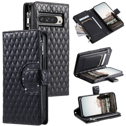 For Google Pixel 9 Pro XL Glitter Lattice Zipper Wallet Leather Phone Case(Black) - Google Cases by buy2fix | Online Shopping UK | buy2fix