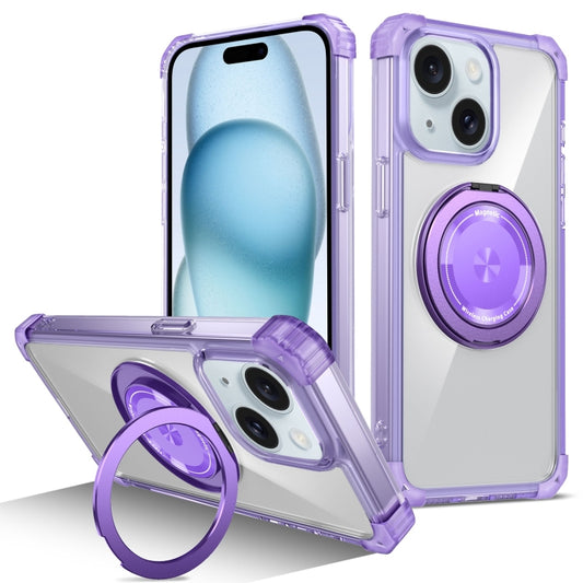 For iPhone 15 Gold Shield CD Pattern MagSafe Magnetic Phone Case with Rotating Stand(Transparent Purple) - iPhone 15 Cases by buy2fix | Online Shopping UK | buy2fix