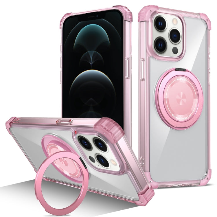 For iPhone 12 Pro Max Gold Shield CD Pattern MagSafe Magnetic Phone Case with Rotating Stand(Transparent Pink) - iPhone 12 Pro Max Cases by buy2fix | Online Shopping UK | buy2fix