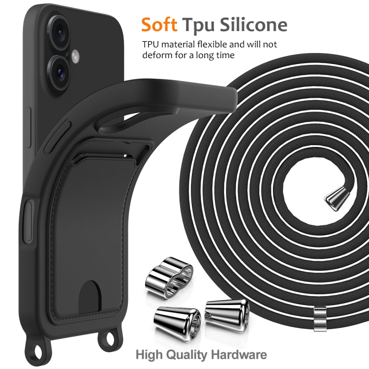 For iPhone 16 Integrated Card Bag Solid Color Liquid Silicone Phone Case with Lanyard(Black) - iPhone 16 Cases by buy2fix | Online Shopping UK | buy2fix