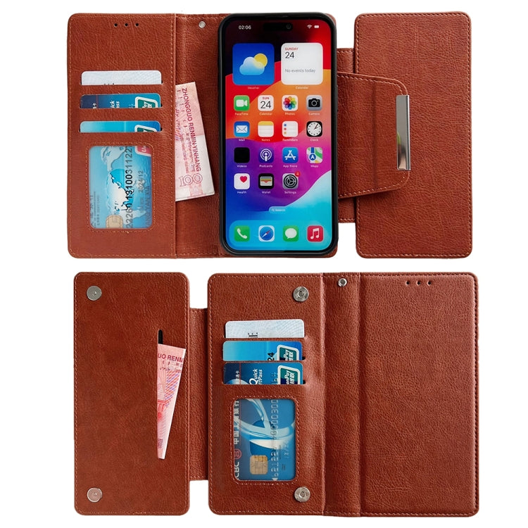 For iPhone 16 Plus Multifunctional Seven Cards Wallet Leather Phone Case(Brown) - iPhone 16 Plus Cases by buy2fix | Online Shopping UK | buy2fix