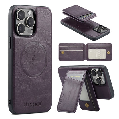 For iPhone 16 Pro Fierre Shann Oil Wax Cow Leather Magnetic Card Holder Phone Case(Purple) - iPhone 16 Pro Cases by FIERRE SHANN | Online Shopping UK | buy2fix