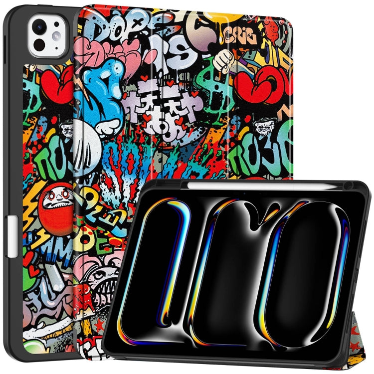 For iPad Pro 11 2024 Custer Painted 3-Fold Holder Smart Leather Tablet Case with Pen Tray(Graffiti) - iPad Pro 11 2024 Cases by buy2fix | Online Shopping UK | buy2fix