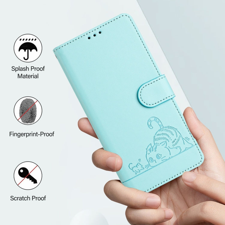 For Google Pixel 9 Pro XL Cat Rat Embossed Pattern RFID Leather Phone Case with Lanyard(Mint Green) - Google Cases by buy2fix | Online Shopping UK | buy2fix