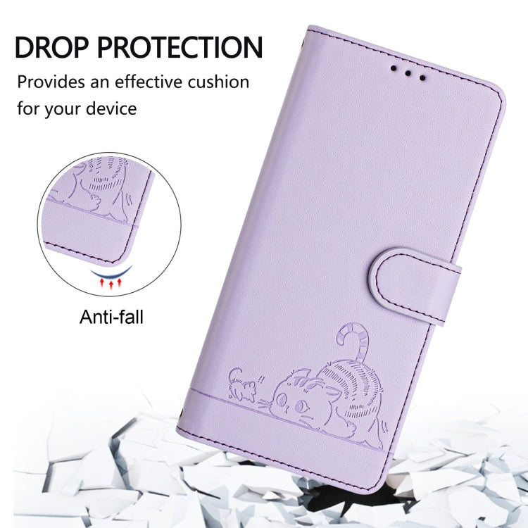 For Google Pixel 9 Pro XL Cat Rat Embossed Pattern RFID Leather Phone Case with Lanyard(Purple) - Google Cases by buy2fix | Online Shopping UK | buy2fix