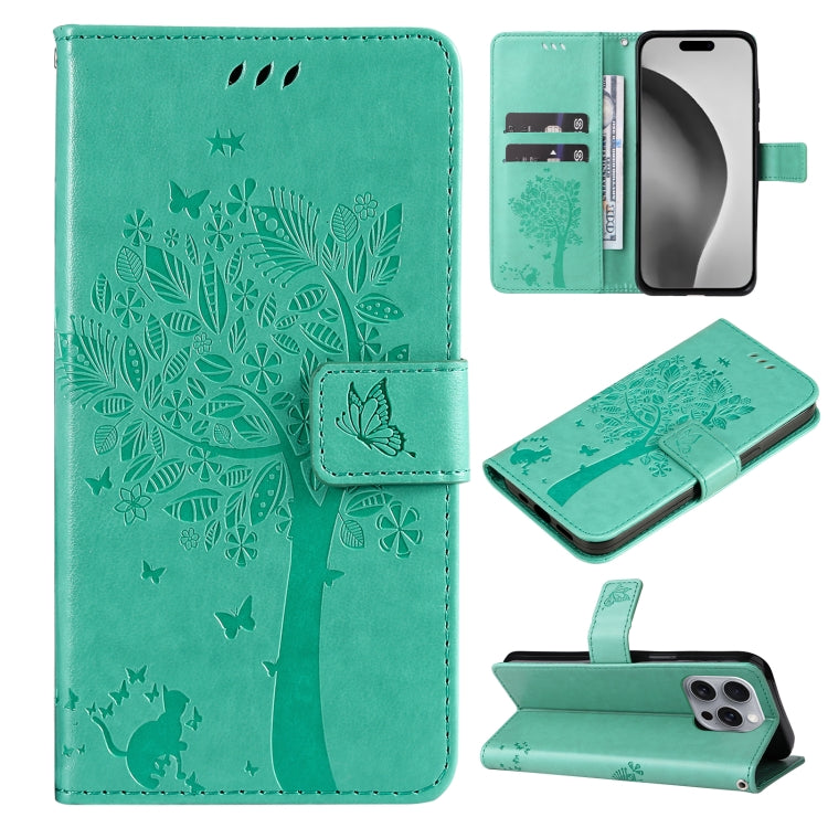 For iPhone 16 Pro Max Tree & Cat Embossed Pattern Flip Leather Phone Case(Green) - iPhone 16 Pro Max Cases by buy2fix | Online Shopping UK | buy2fix