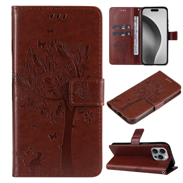 For iPhone 16 Pro Max Tree & Cat Embossed Pattern Flip Leather Phone Case(Coffee) - iPhone 16 Pro Max Cases by buy2fix | Online Shopping UK | buy2fix