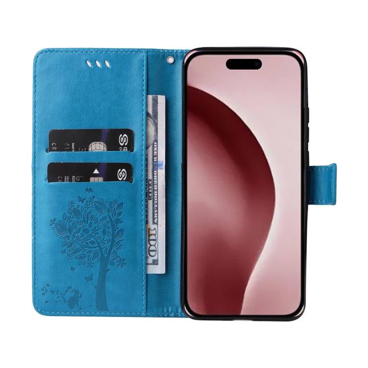 For iPhone 16 Pro Tree & Cat Embossed Pattern Flip Leather Phone Case(Blue) - iPhone 16 Pro Cases by buy2fix | Online Shopping UK | buy2fix