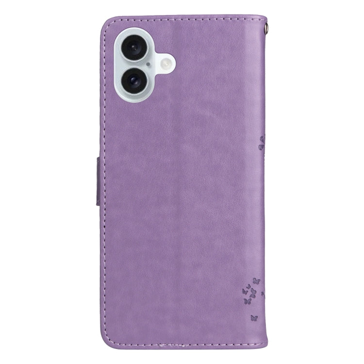 For iPhone 16 Plus Tree & Cat Embossed Pattern Flip Leather Phone Case(Light Purple) - iPhone 16 Plus Cases by buy2fix | Online Shopping UK | buy2fix