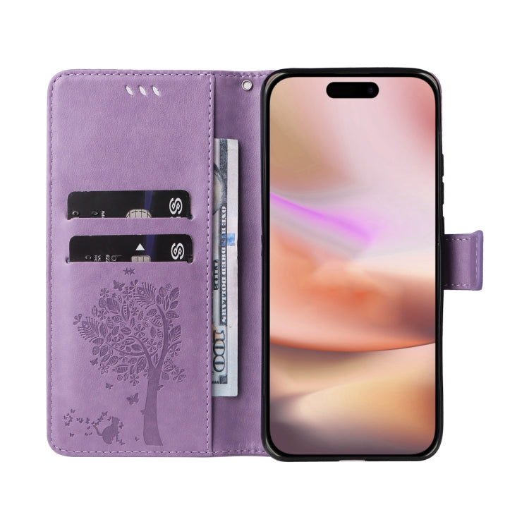 For iPhone 16 Plus Tree & Cat Embossed Pattern Flip Leather Phone Case(Light Purple) - iPhone 16 Plus Cases by buy2fix | Online Shopping UK | buy2fix