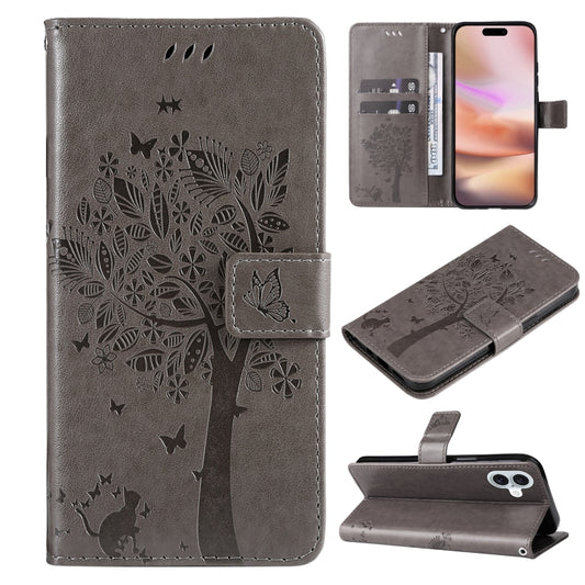 For iPhone 16 Plus Tree & Cat Embossed Pattern Flip Leather Phone Case(Grey) - iPhone 16 Plus Cases by buy2fix | Online Shopping UK | buy2fix