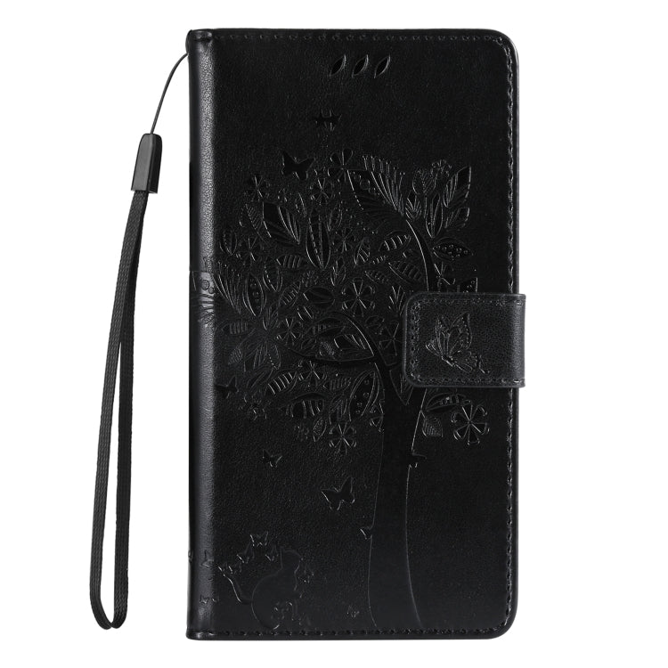 For iPhone 16 Plus Tree & Cat Embossed Pattern Flip Leather Phone Case(Black) - iPhone 16 Plus Cases by buy2fix | Online Shopping UK | buy2fix