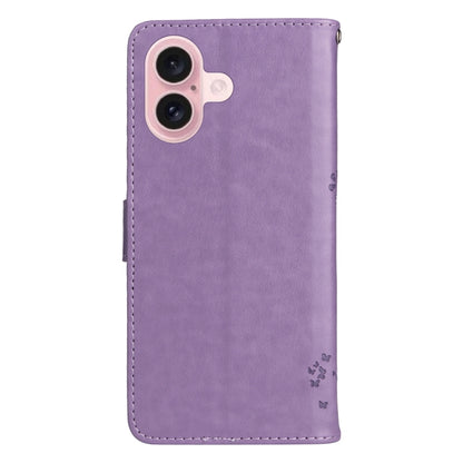 For iPhone 16 Tree & Cat Embossed Pattern Flip Leather Phone Case(Light Purple) - iPhone 16 Cases by buy2fix | Online Shopping UK | buy2fix