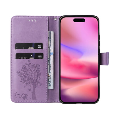 For iPhone 16 Tree & Cat Embossed Pattern Flip Leather Phone Case(Light Purple) - iPhone 16 Cases by buy2fix | Online Shopping UK | buy2fix