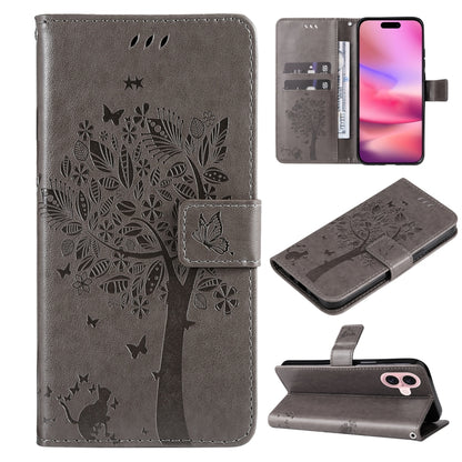 For iPhone 16 Tree & Cat Embossed Pattern Flip Leather Phone Case(Grey) - iPhone 16 Cases by buy2fix | Online Shopping UK | buy2fix