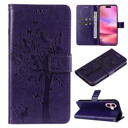 For iPhone 16 Tree & Cat Embossed Pattern Flip Leather Phone Case(Purple) - iPhone 16 Cases by buy2fix | Online Shopping UK | buy2fix