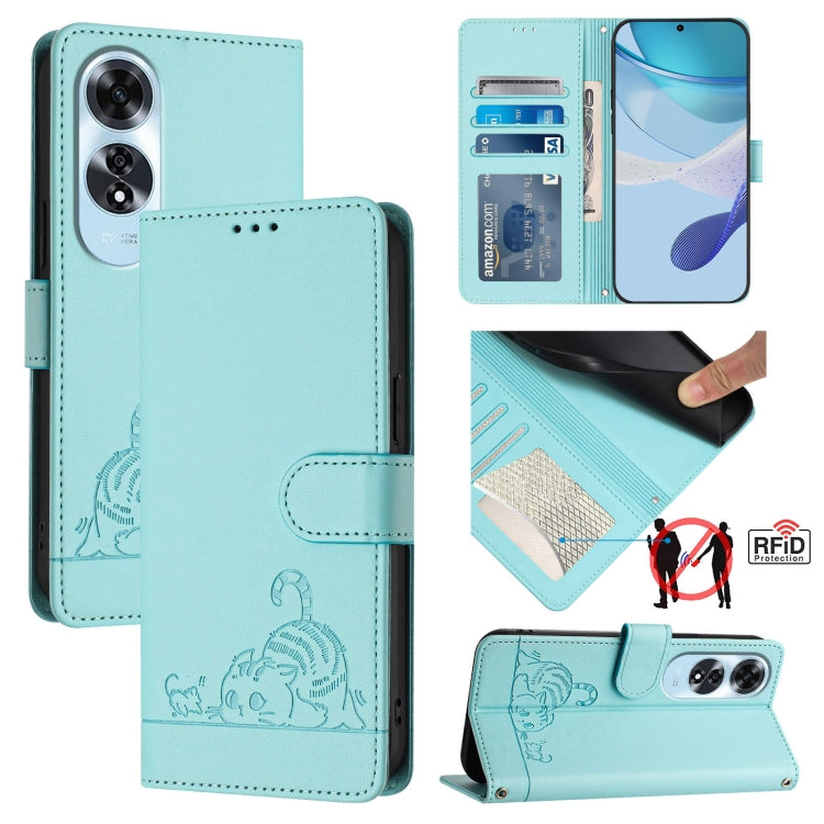 For OPPO A60 4G Global Cat Rat Embossed Pattern RFID Leather Phone Case with Lanyard(Mint Green) - OPPO Cases by buy2fix | Online Shopping UK | buy2fix