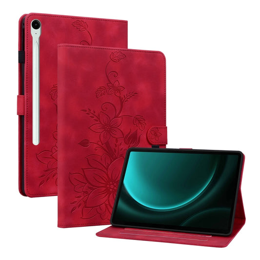 For Samsung Galaxy Tab S9 / S9 FE Lily Embossed Leather Tablet Case(Red) - Galaxy Tab S9 Cases by buy2fix | Online Shopping UK | buy2fix