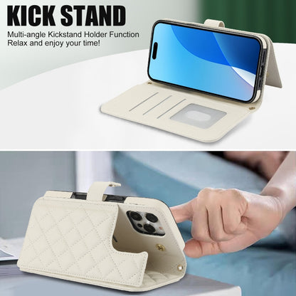 For iPhone 16 Pro Max Crossbody Multifunction Rhombic Leather Phone Case(White) - iPhone 16 Pro Max Cases by buy2fix | Online Shopping UK | buy2fix