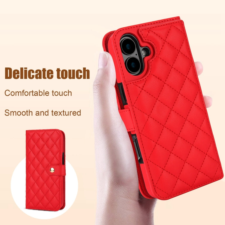 For iPhone 16 Crossbody Multifunction Rhombic Leather Phone Case(Red) - iPhone 16 Cases by buy2fix | Online Shopping UK | buy2fix