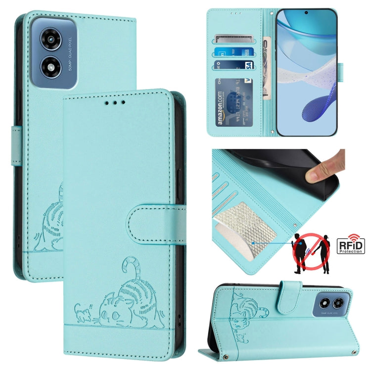 For Motorola Moto G Play 4G 2024 Global Cat Rat Embossed Pattern RFID Leather Phone Case with Lanyard(Mint Green) - Motorola Cases by buy2fix | Online Shopping UK | buy2fix