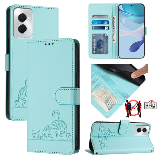 For Motorola Moto G Power 5G 2024 Cat Rat Embossed Pattern RFID Leather Phone Case with Lanyard(Mint Green) - Motorola Cases by buy2fix | Online Shopping UK | buy2fix