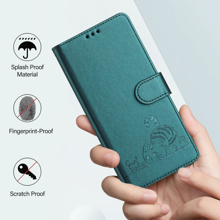 For Motorola Moto G Power 5G 2024 Cat Rat Embossed Pattern RFID Leather Phone Case with Lanyard(Peacock Green) - Motorola Cases by buy2fix | Online Shopping UK | buy2fix