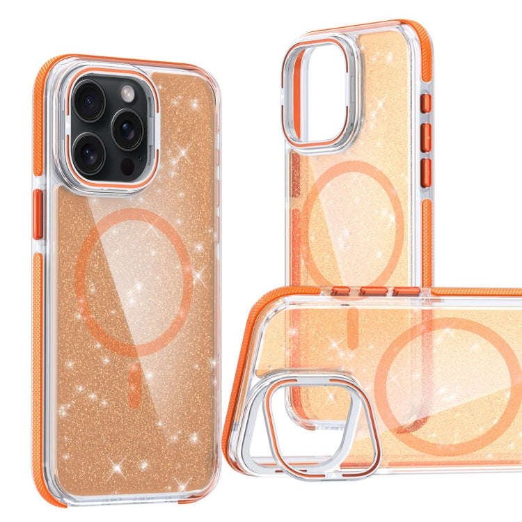 For iPhone 15 Pro Two-color Glitter Powder Lens Holder Magsafe Phone Case(Orange) - iPhone 15 Pro Cases by buy2fix | Online Shopping UK | buy2fix