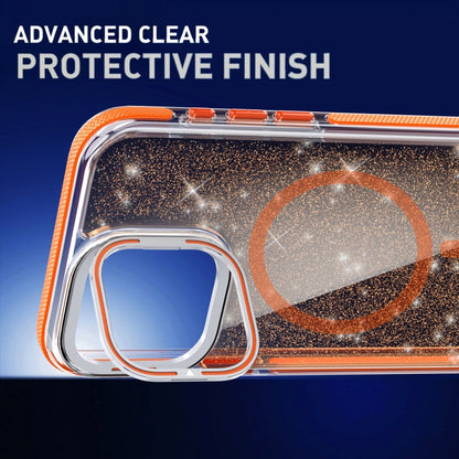 For iPhone 15 Pro Two-color Glitter Powder Lens Holder Magsafe Phone Case(Orange) - iPhone 15 Pro Cases by buy2fix | Online Shopping UK | buy2fix