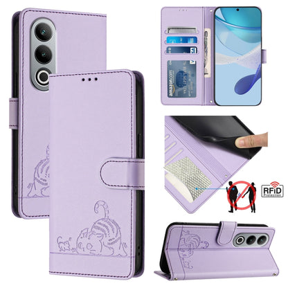 For OnePlus Nord CE4 5G Cat Rat Embossed Pattern RFID Leather Phone Case with Lanyard(Purple) - OnePlus Cases by buy2fix | Online Shopping UK | buy2fix