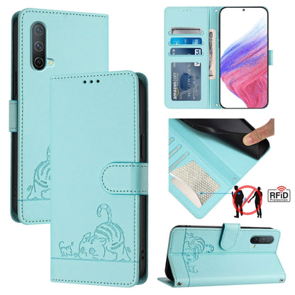 For OnePlus Nord CE 5G Cat Rat Embossed Pattern RFID Leather Phone Case with Lanyard(Mint Green) - OnePlus Cases by buy2fix | Online Shopping UK | buy2fix