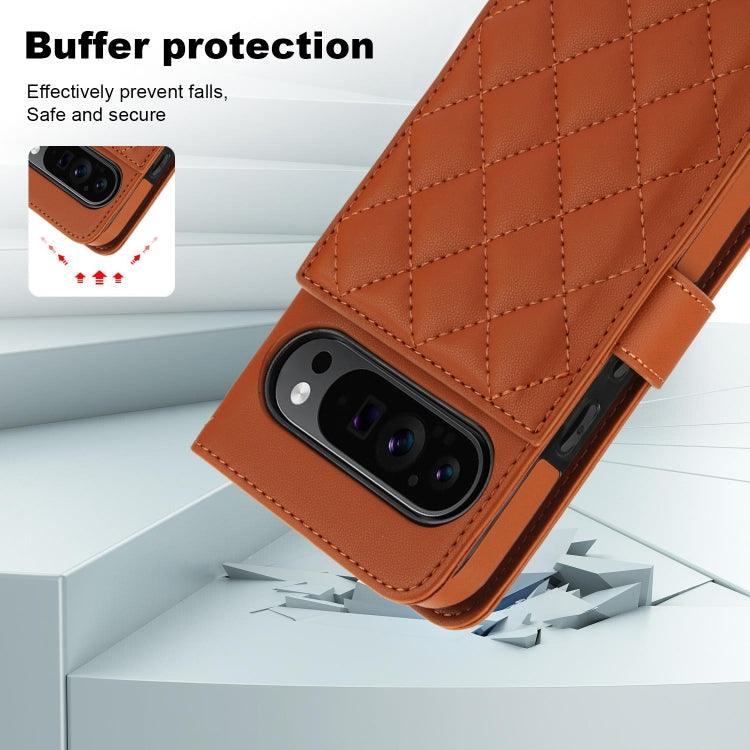 For Google Pixel 9 Crossbody Multifunction Rhombic Leather Phone Case(Brown) - Google Cases by buy2fix | Online Shopping UK | buy2fix