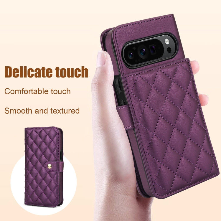 For Google Pixel 9 Pro XL Crossbody Multifunction Rhombic Leather Phone Case(Dark Purple) - Google Cases by buy2fix | Online Shopping UK | buy2fix