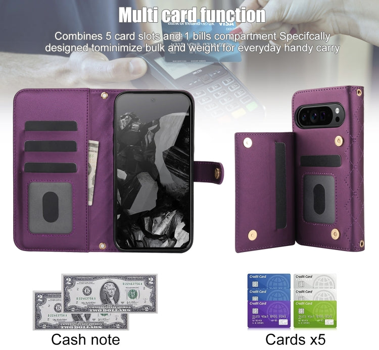 For Google Pixel 9 Pro XL Crossbody Multifunction Rhombic Leather Phone Case(Dark Purple) - Google Cases by buy2fix | Online Shopping UK | buy2fix