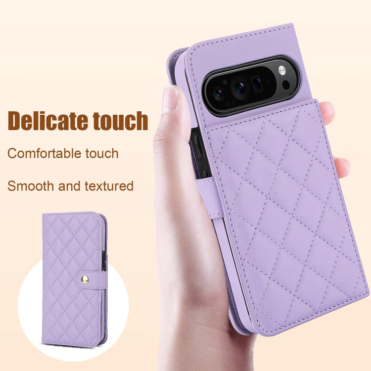 For Google Pixel 9 Pro XL Crossbody Multifunction Rhombic Leather Phone Case(Purple) - Google Cases by buy2fix | Online Shopping UK | buy2fix