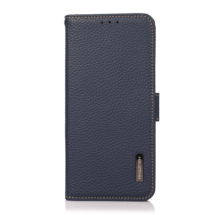 For iPhone 16 Plus KHAZNEH Side-Magnetic Litchi Genuine Leather RFID Case(Blue) - iPhone 16 Plus Cases by buy2fix | Online Shopping UK | buy2fix