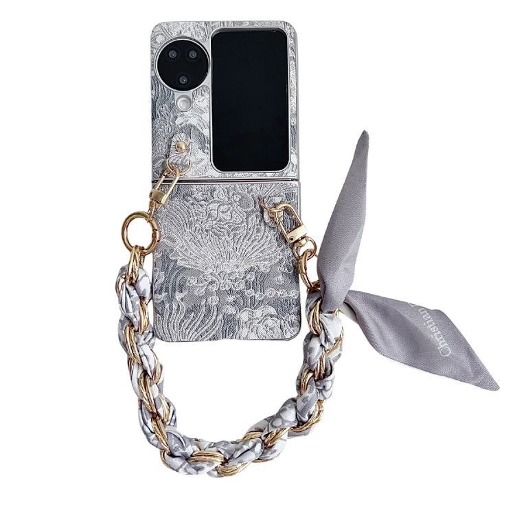 For OPPO Find N3 Flip Embroidery Style DIY Full Coverage Phone Case with Scarf / Bracelet(Grey) - Find N3 Flip Cases by buy2fix | Online Shopping UK | buy2fix